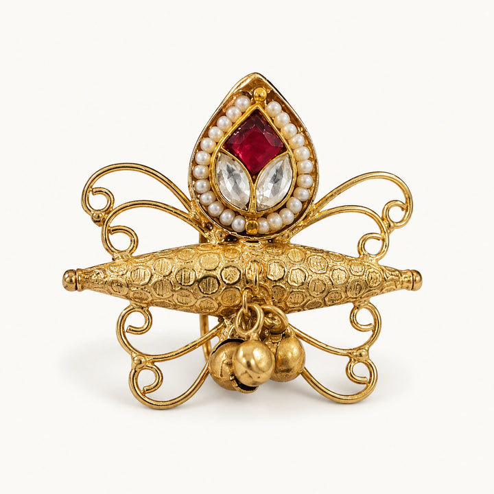 Gold-Tone Pearl-Style Teardrop Filigree Statement Ring