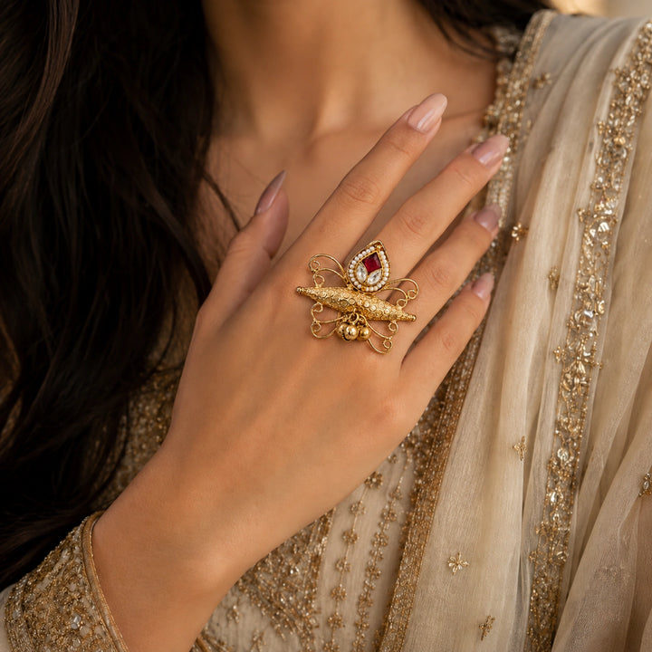 Gold-Tone Pearl-Style Teardrop Filigree Statement Ring