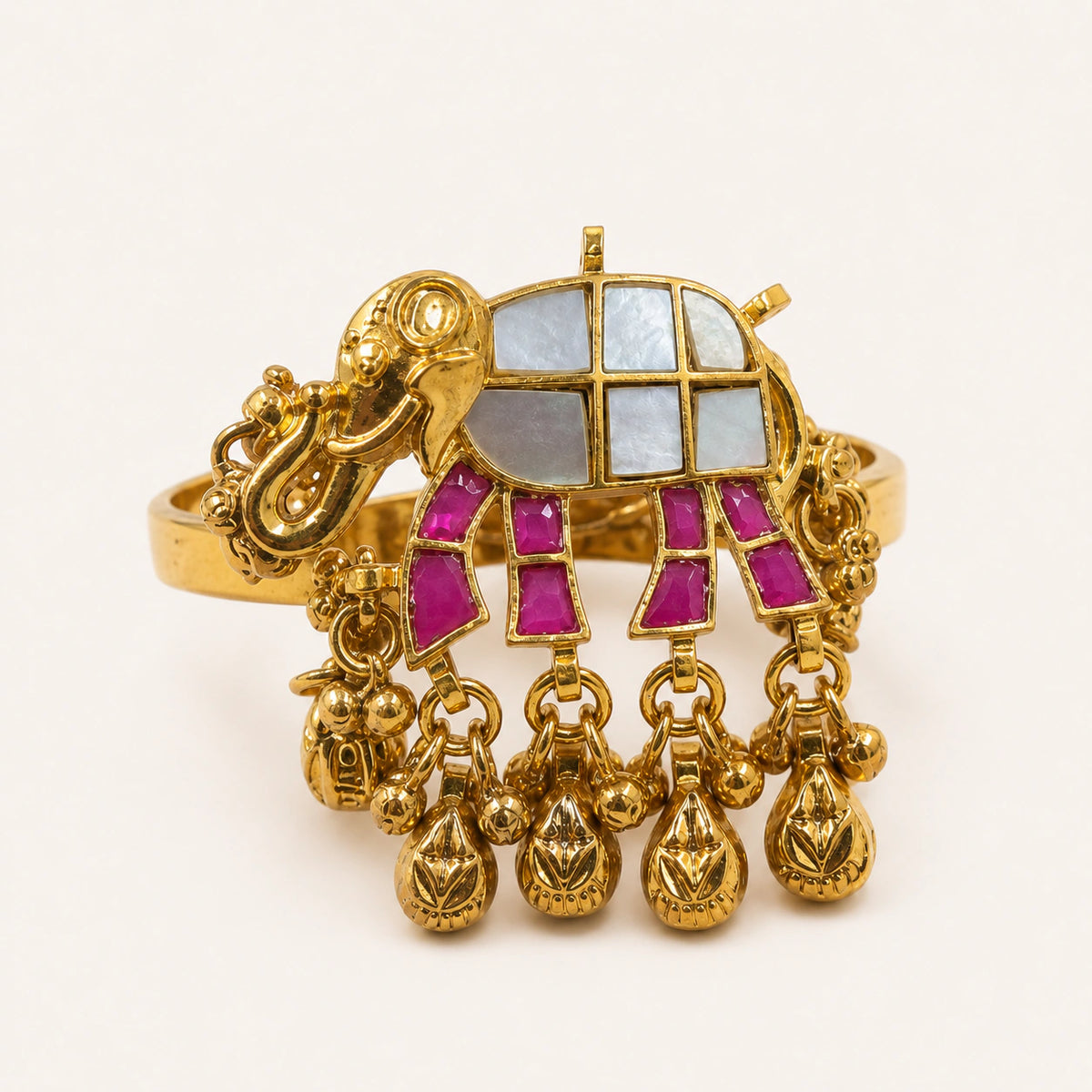 Gold-Tone Elephant Ring with Pearl-White Inlay & Charms