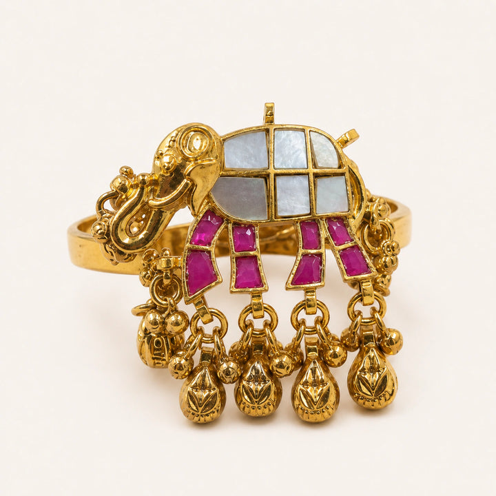 Gold-Tone Elephant Ring with Pearl-White Inlay & Charms