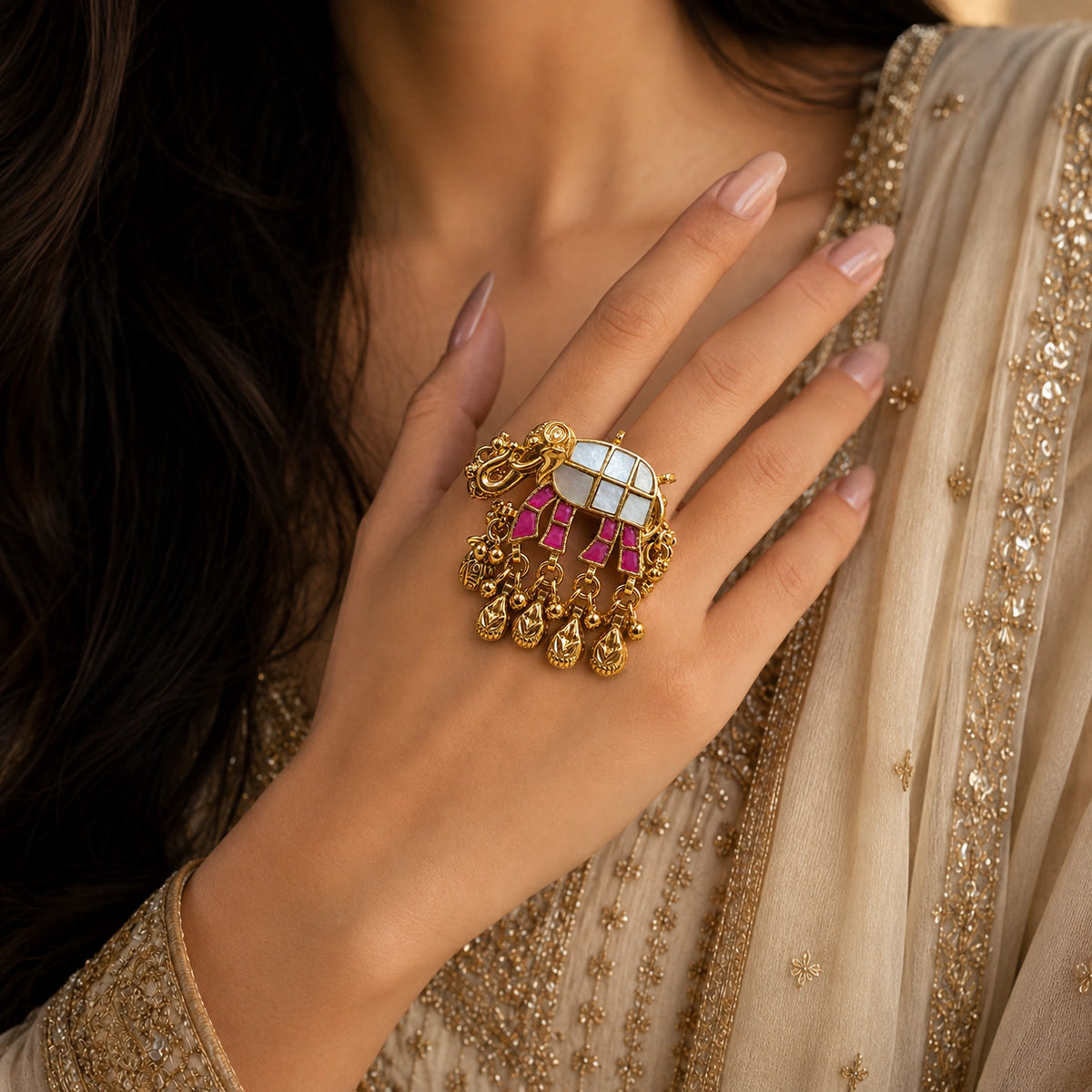 Gold-Tone Elephant Ring with Pearl-White Inlay & Charms