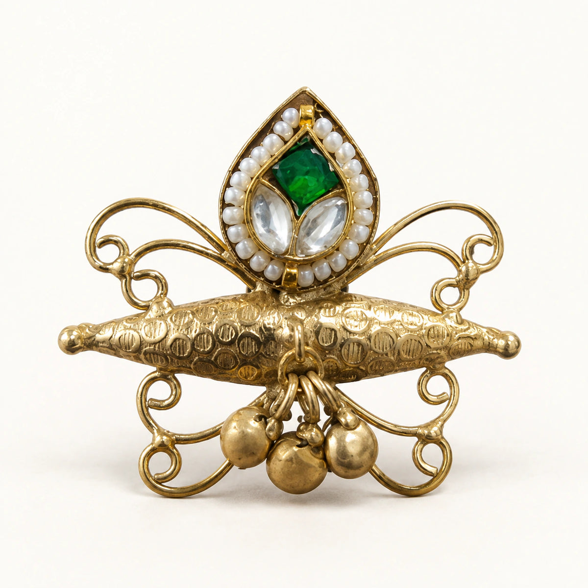 Green Pearl-Style Teardrop Filigree Statement Ring