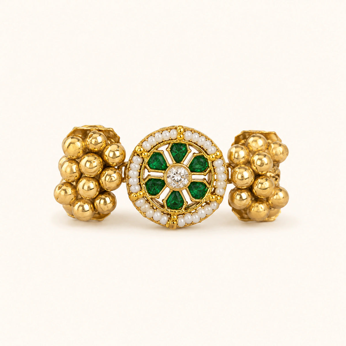 Gold-Tone Green Floral Pearl-Style Cluster Statement Ring