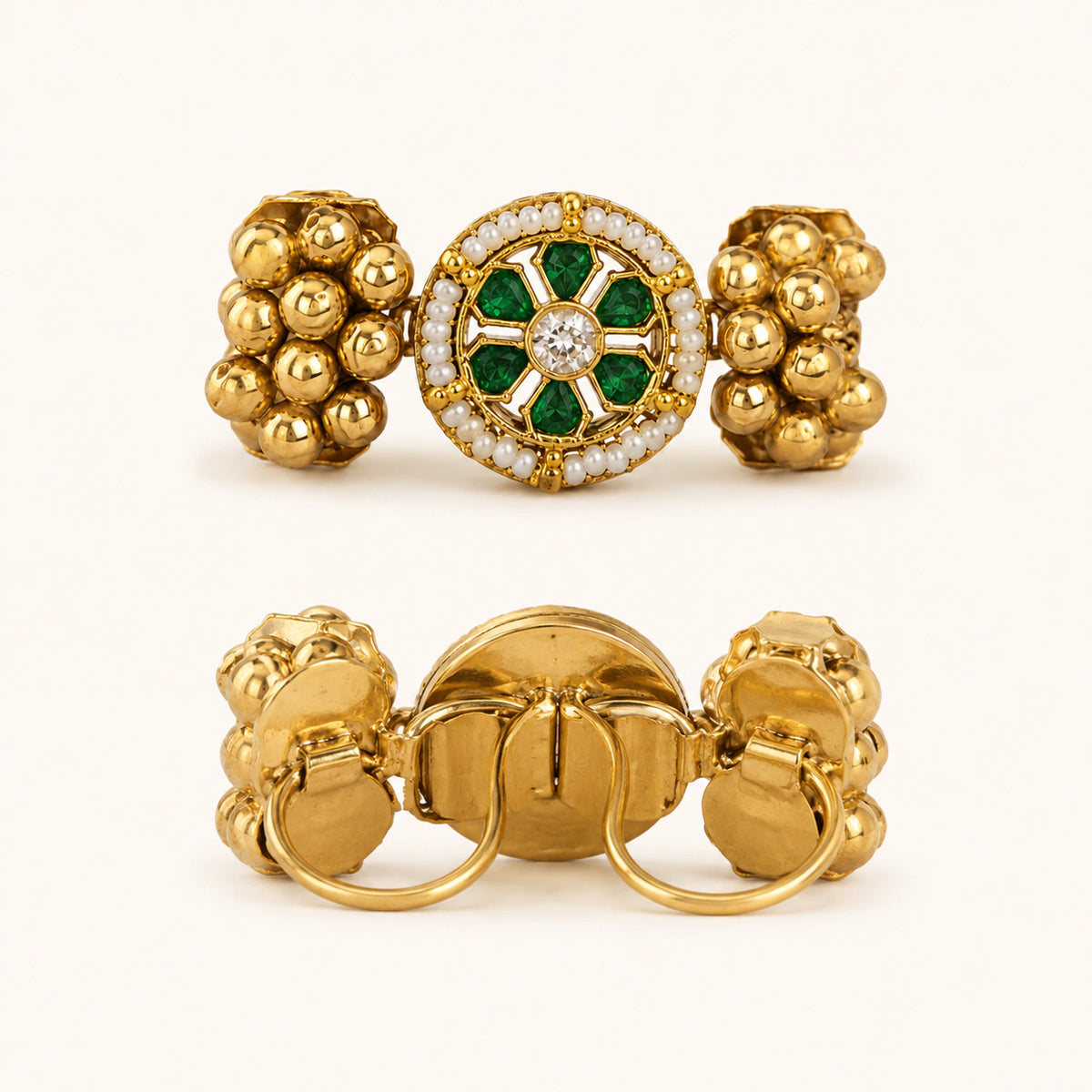 Gold-Tone Green Floral Pearl-Style Cluster Statement Ring