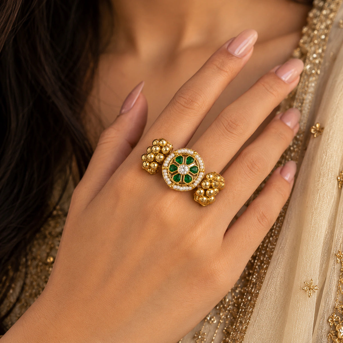 Gold-Tone Green Floral Pearl-Style Cluster Statement Ring