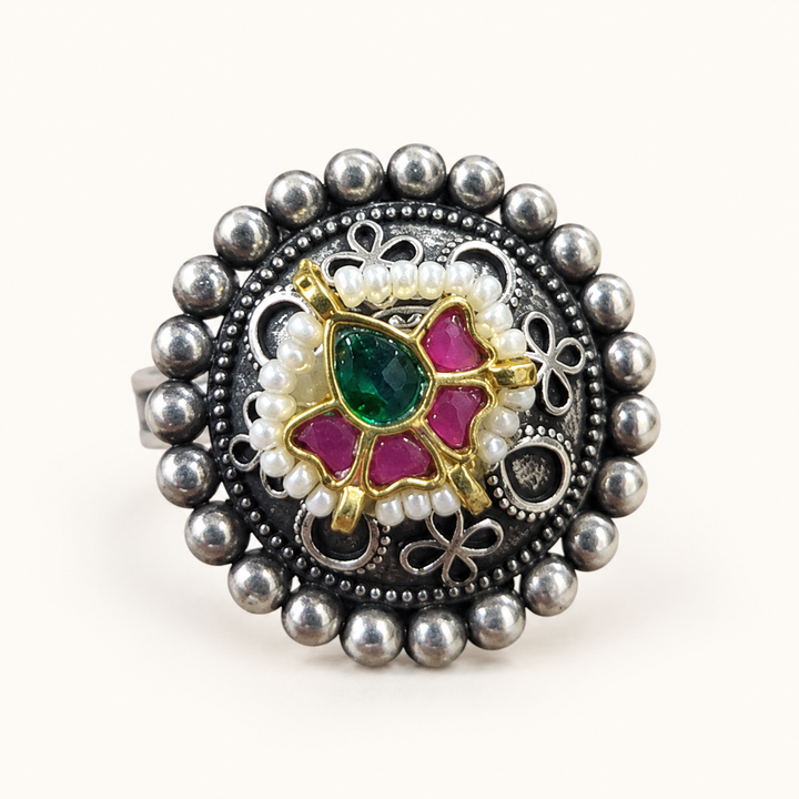 Antique Silver Green Rani Pink Floral Medallion Ring