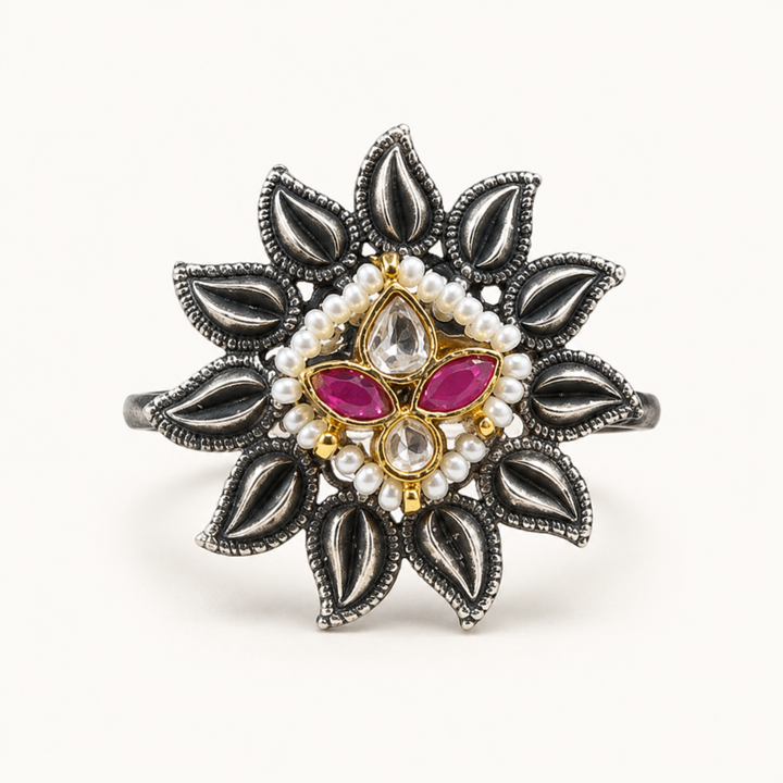 Antique Silver Rani Pink Pearl-Style Floral Statement Ring