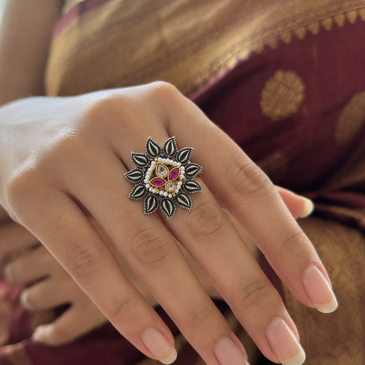 Antique Silver Rani Pink Pearl-Style Floral Statement Ring