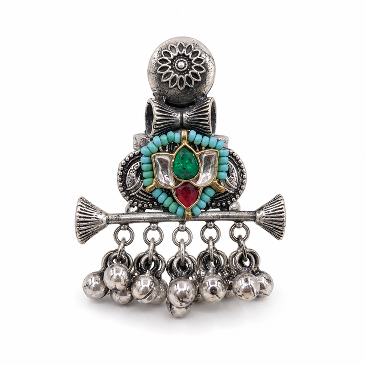 Antique Silver Multicolor Floral Ghungroo Statement Ring