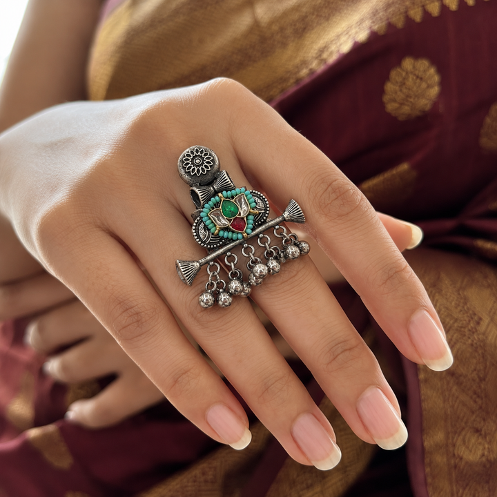 Antique Silver Multicolor Floral Ghungroo Statement Ring