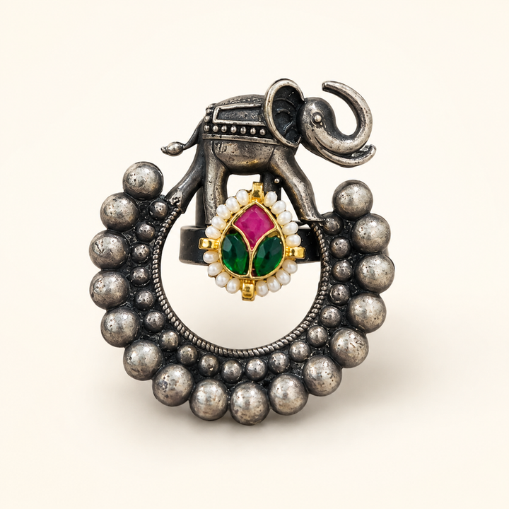 Antique Silver Elephant Multicolor Statement Ring
