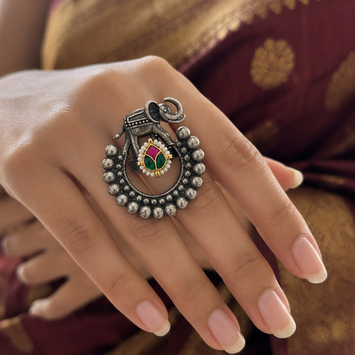 Antique Silver Elephant Multicolor Statement Ring
