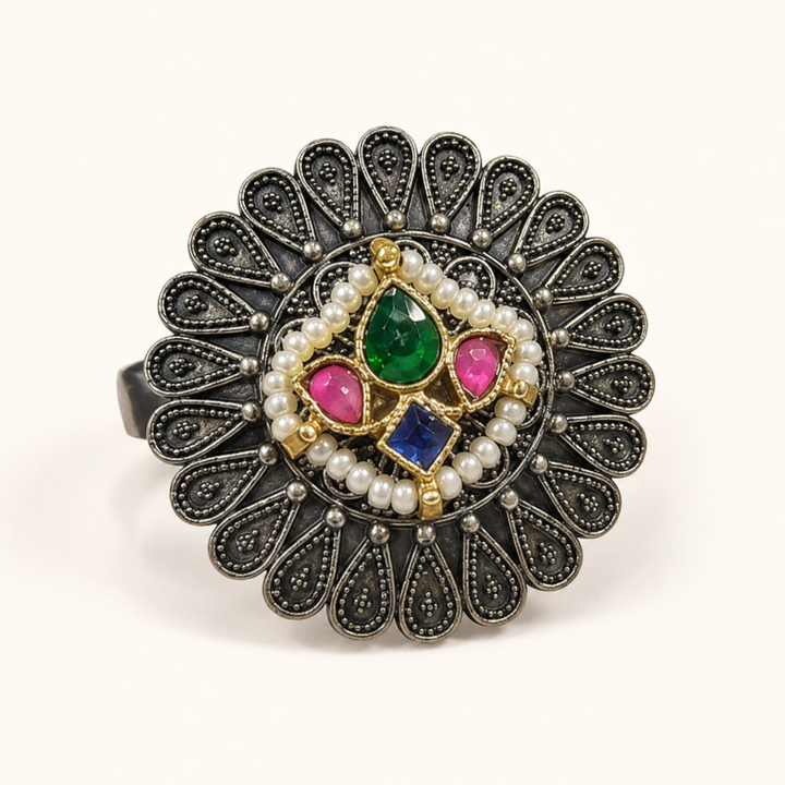 Antique Silver Multicolor Filigree Statement Ring
