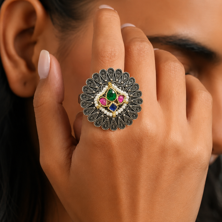 Antique Silver Multicolor Filigree Statement Ring