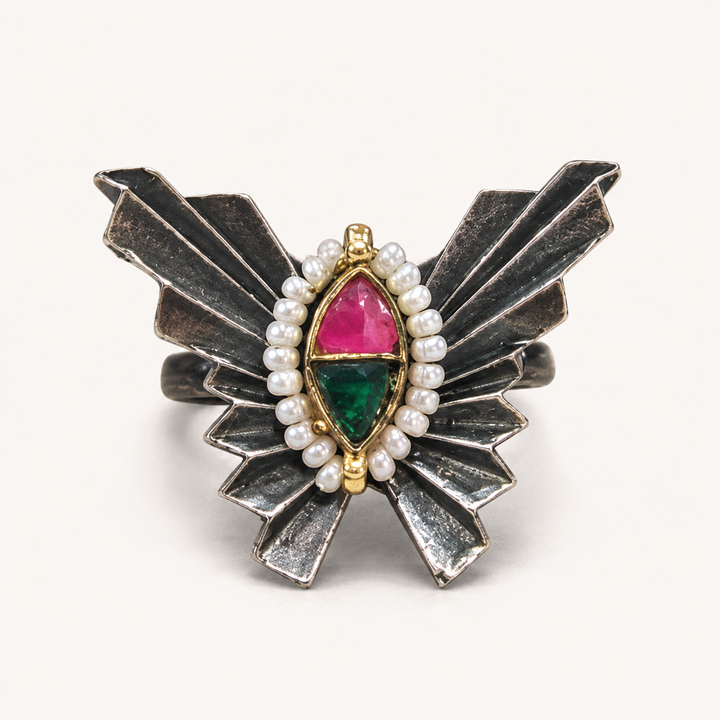 Antique Silver Winged Pearl-Style Pink-Green Statement Ring