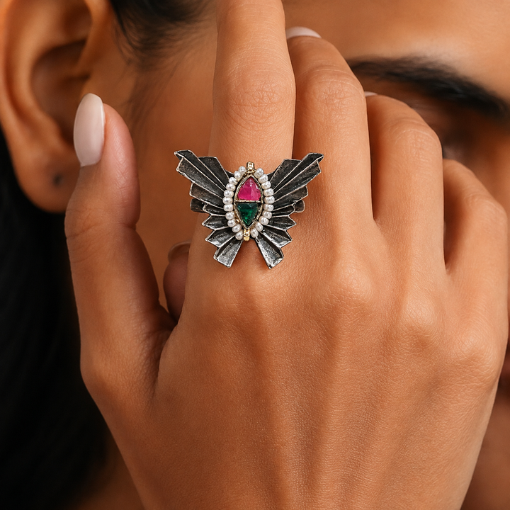 Antique Silver Winged Pearl-Style Pink-Green Statement Ring