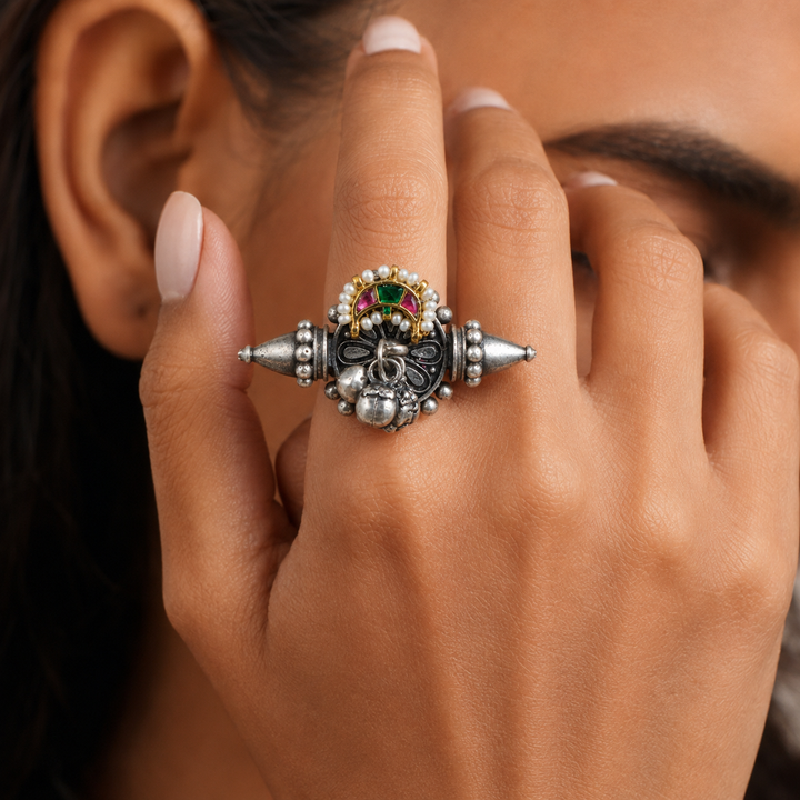 Antique Silver Multicolor Pearl-Style Ghungroo Statement Ring
