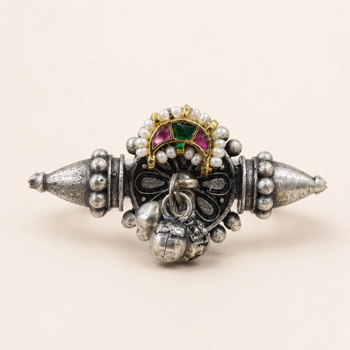 Antique Silver Multicolor Pearl-Style Ghungroo Statement Ring