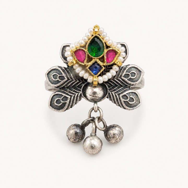 Antique Silver Peacock Feather Multicolor Statement Ring