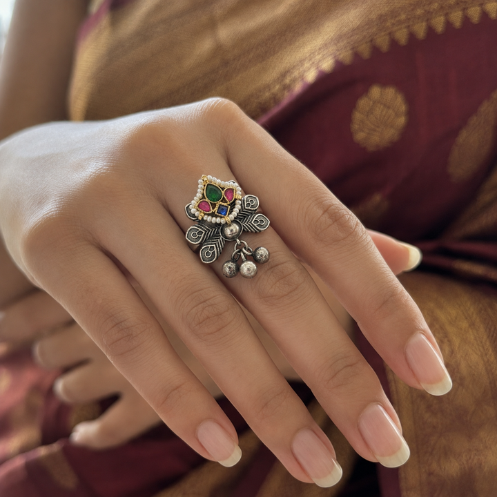 Antique Silver Peacock Feather Multicolor Statement Ring