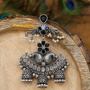 Alternate detail view of black pearl-style chandelier earrings