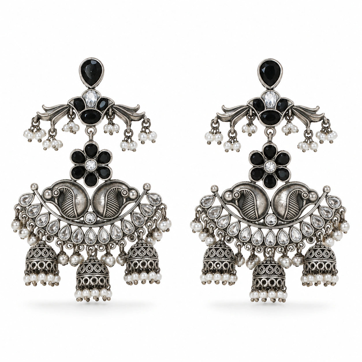 Antique German silver black pearl-style chandelier earrings