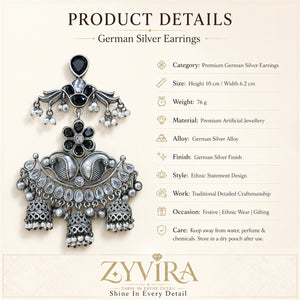 Product details card for antique German silver black pearl chandelier earrings
