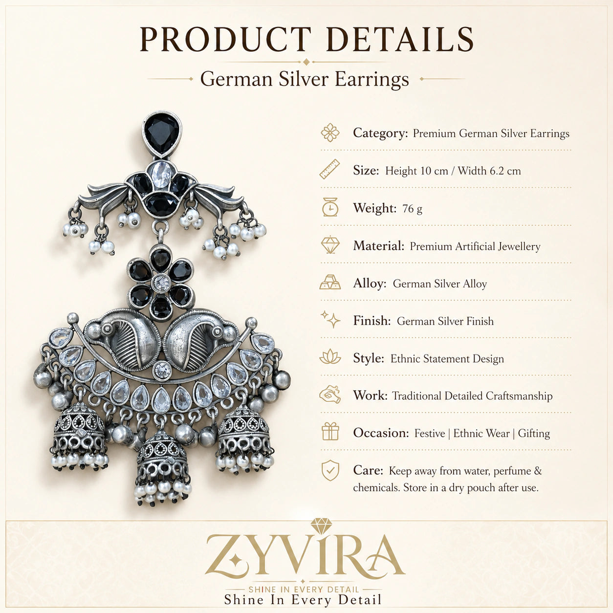Product details card for antique German silver black pearl chandelier earrings