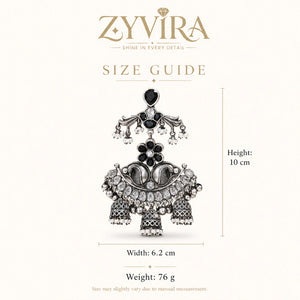 Size guide showing the proportions of black pearl-style chandelier earrings