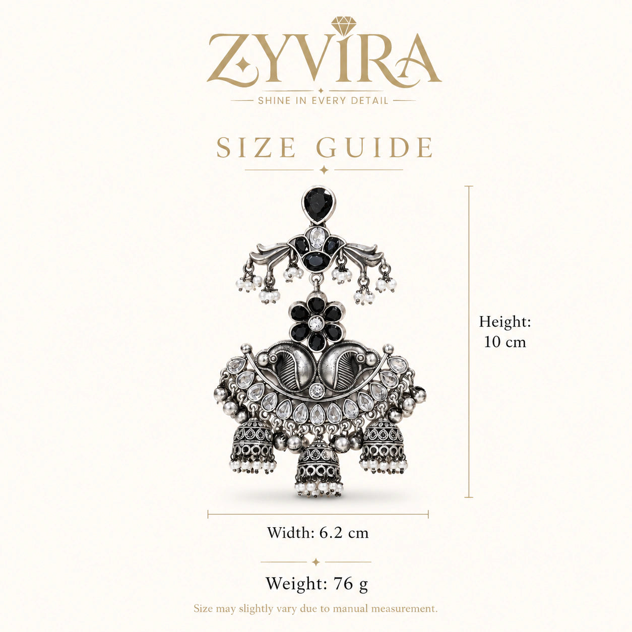Size guide showing the proportions of black pearl-style chandelier earrings