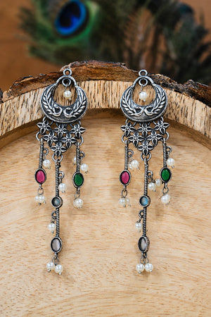 Alternate model view of multicolor pearl-style chandelier earrings