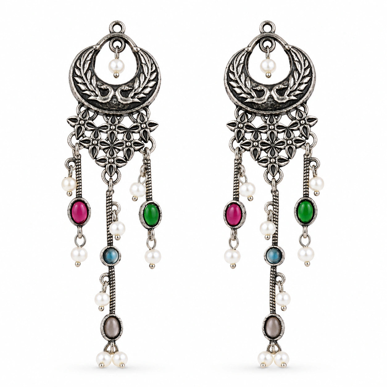 Close-up of multicolor accents, pearl-style beads and antique chandelier detailing