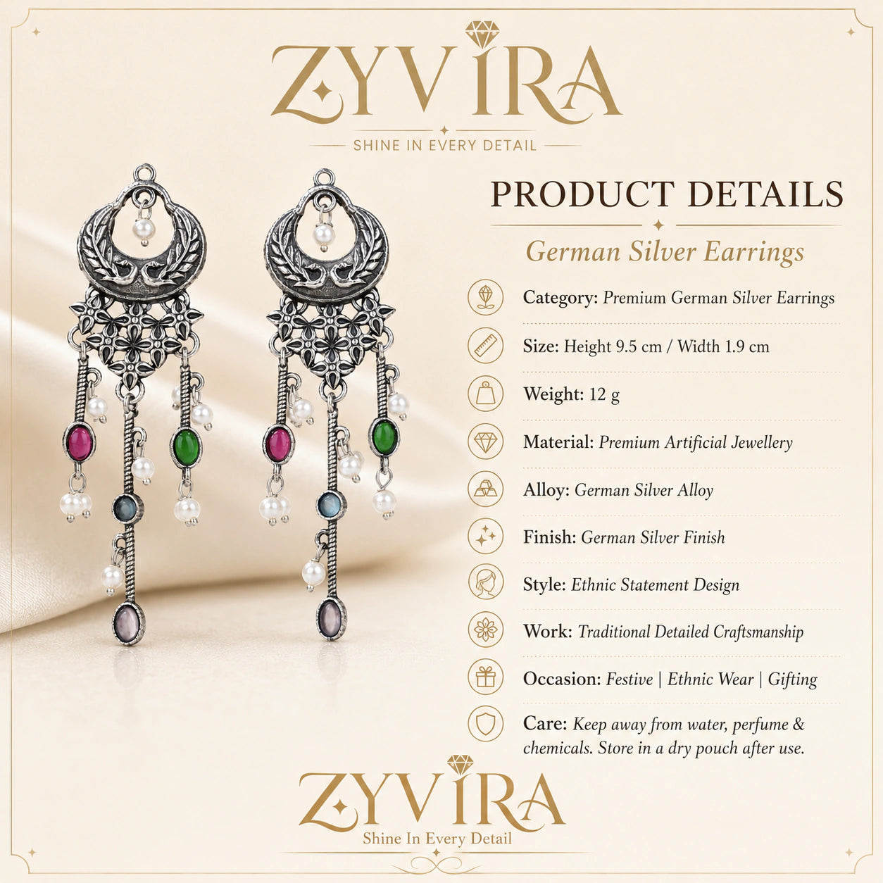 Product details card for antique German silver multicolor chandelier earrings