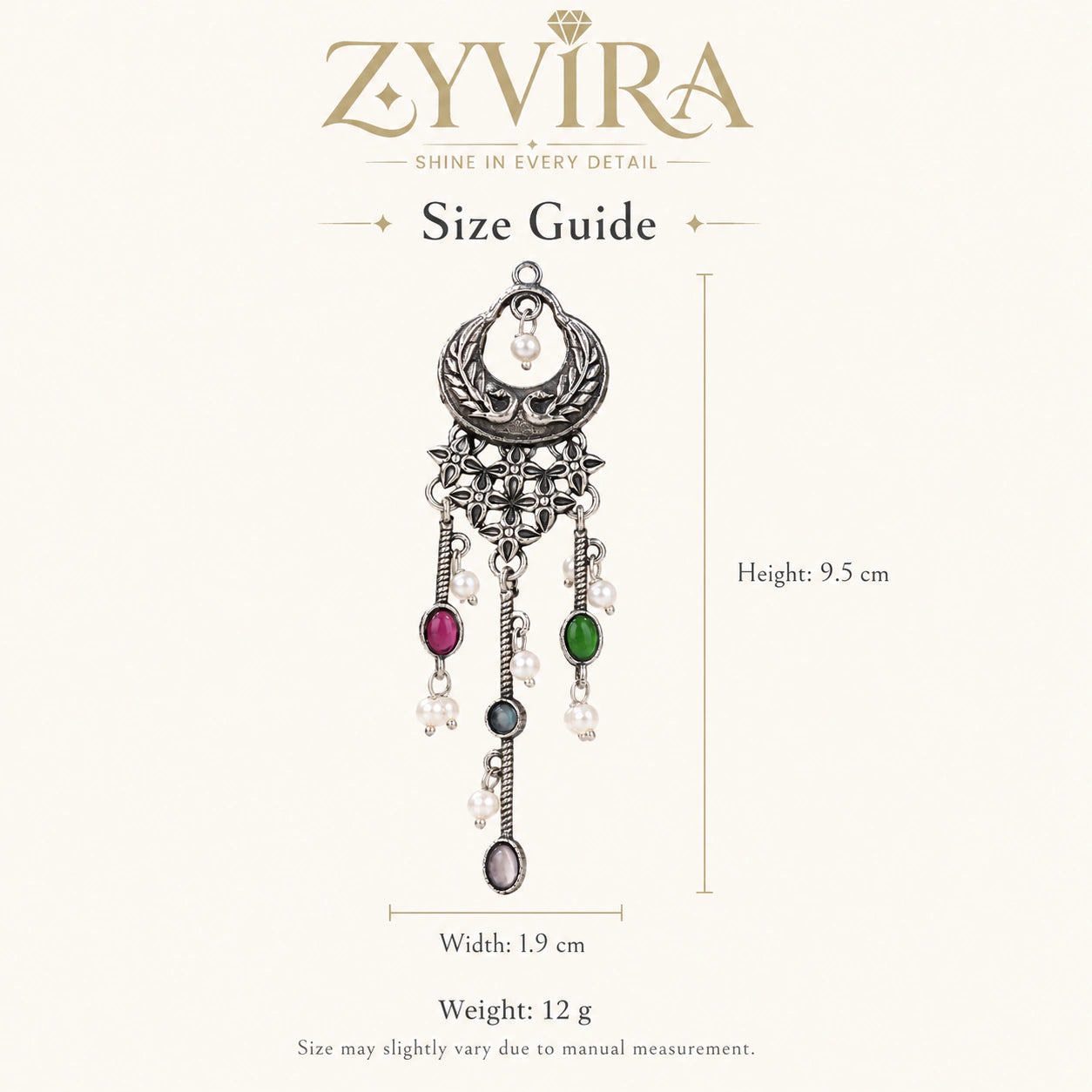 Size guide showing the proportions of multicolor pearl chandelier earrings
