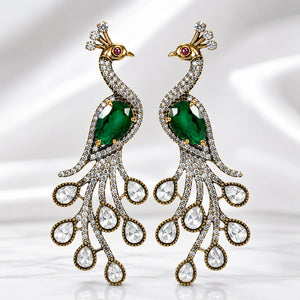 Alternate product view of antique gold green peacock earrings