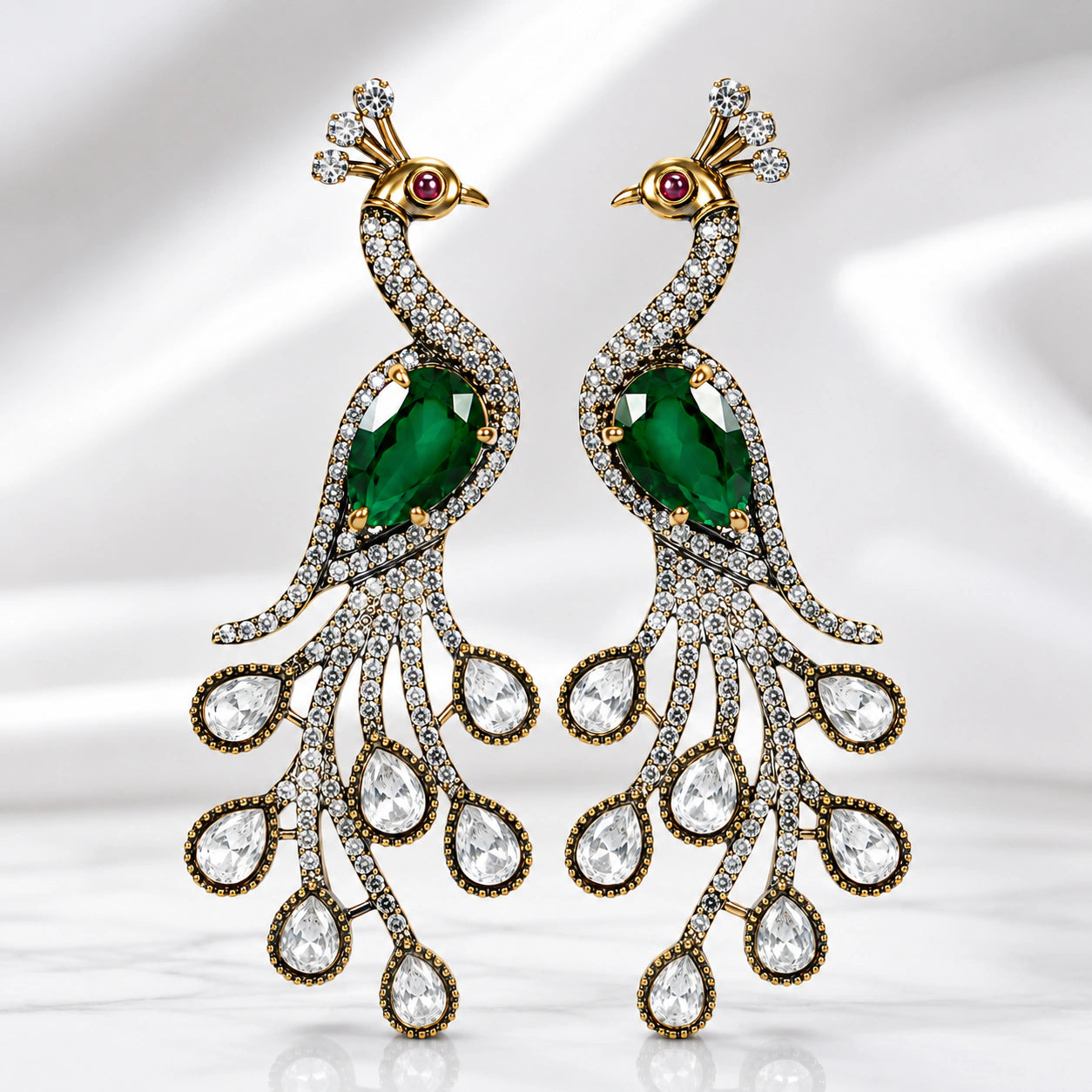 Alternate product view of antique gold green peacock earrings