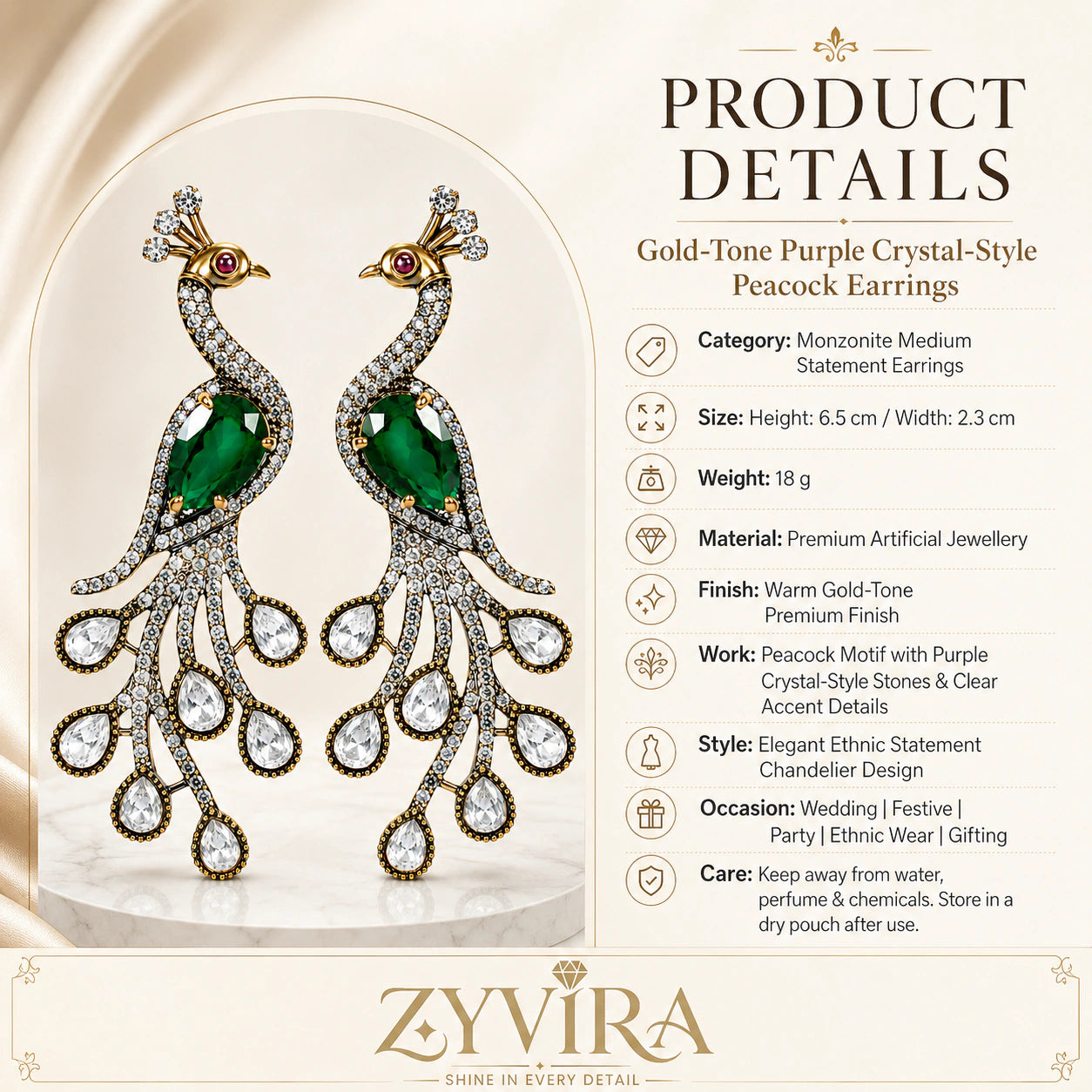 Close-up of green crystal-style accents and antique peacock detailing