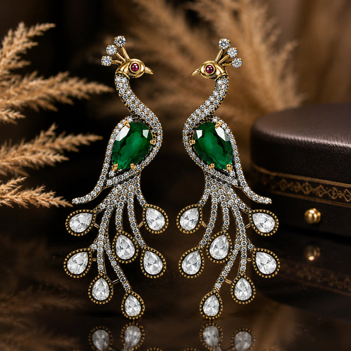 Antique gold green crystal-style peacock chandelier earrings