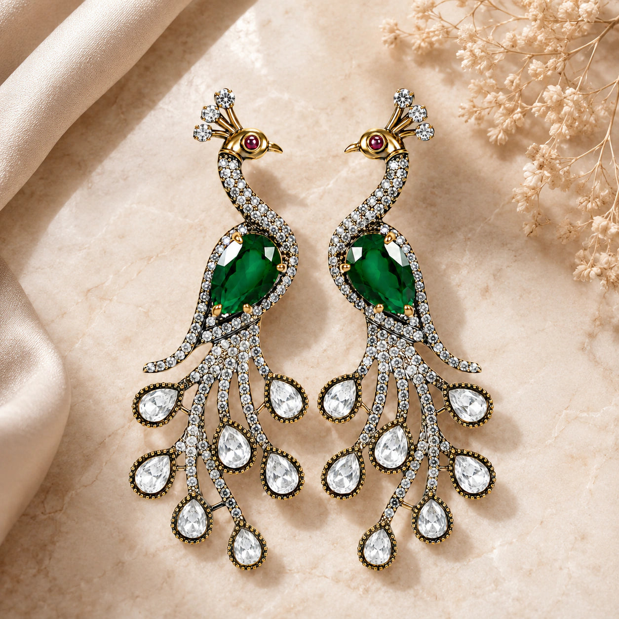 Product details card for antique gold green peacock chandelier earrings