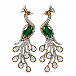 Side view of antique gold green peacock chandelier earrings