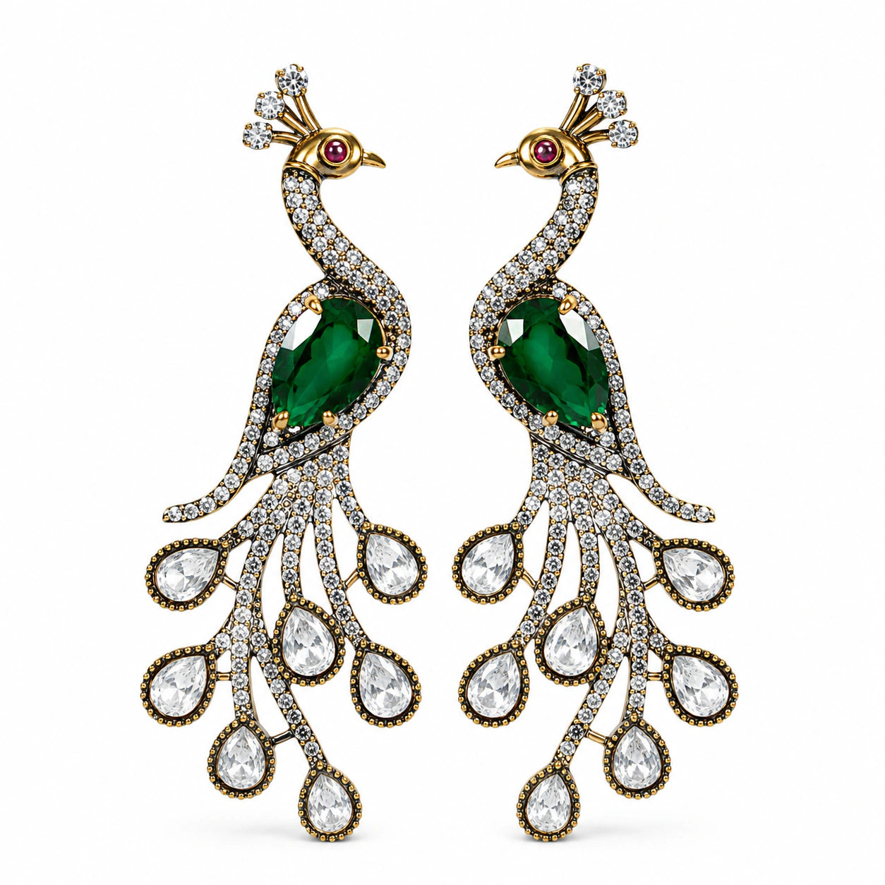 Side view of antique gold green peacock chandelier earrings