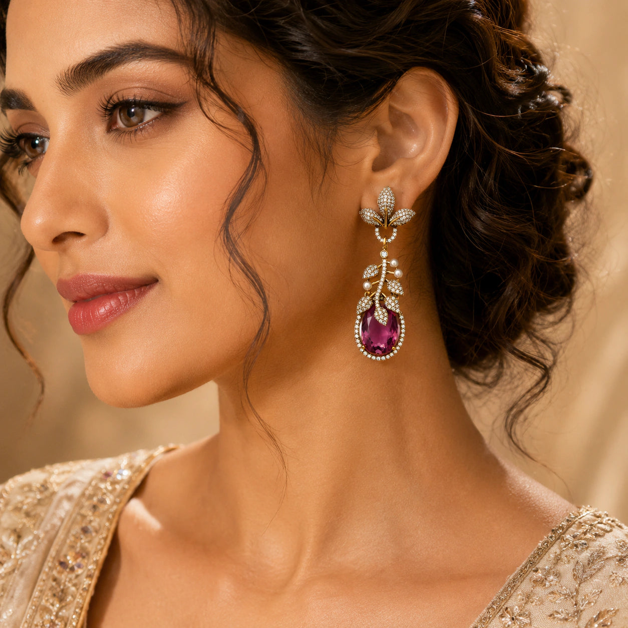 Alternate product view of antique gold purple leaf chandelier earrings