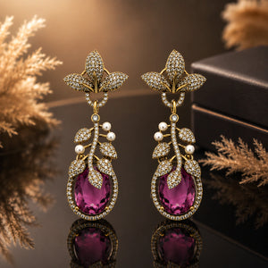 Antique gold purple crystal-style leaf chandelier earrings