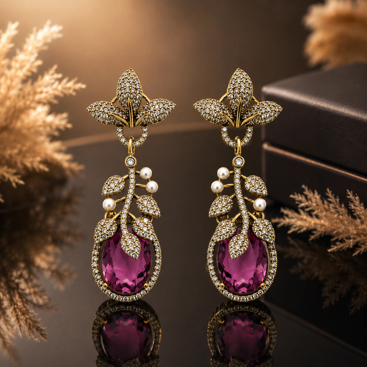Antique gold purple crystal-style leaf chandelier earrings