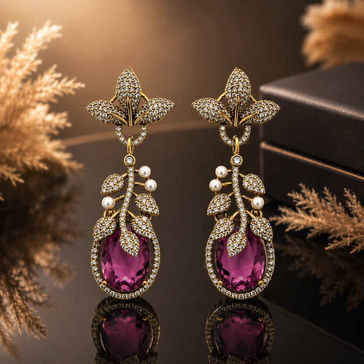 Antique gold purple crystal-style leaf chandelier earrings