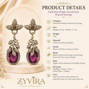 Product details card for antique gold purple leaf chandelier earrings