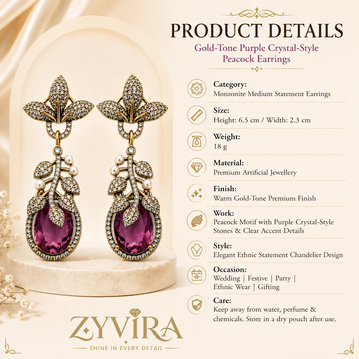 Product details card for antique gold purple leaf chandelier earrings