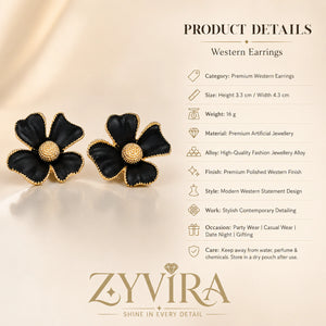 Product details card for black gold floral statement earrings