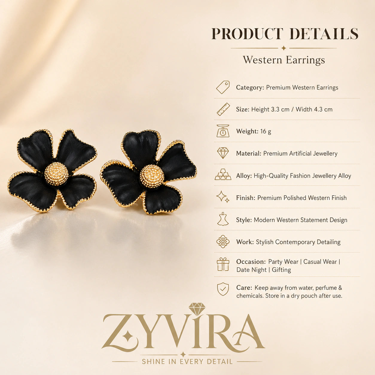 Product details card for black gold floral statement earrings