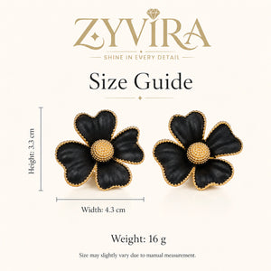 Size guide showing the proportions of black gold floral earrings